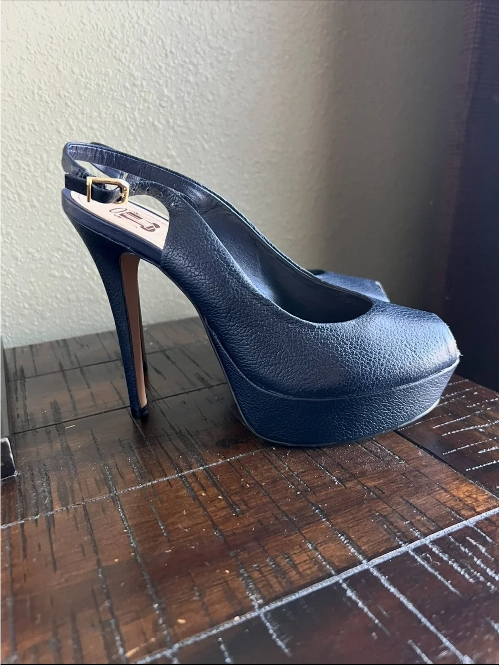 Navy Leather Platform Slingback Heels